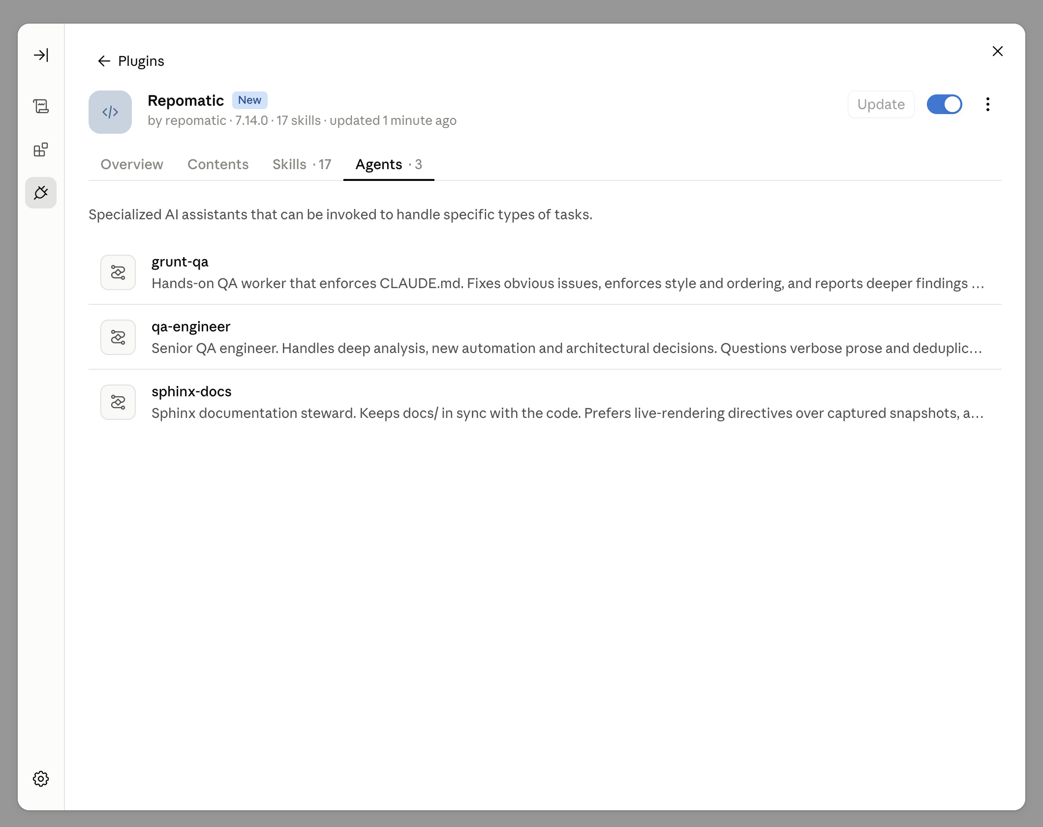 The Agents tab listing grunt-qa, qa-engineer and sphinx-docs